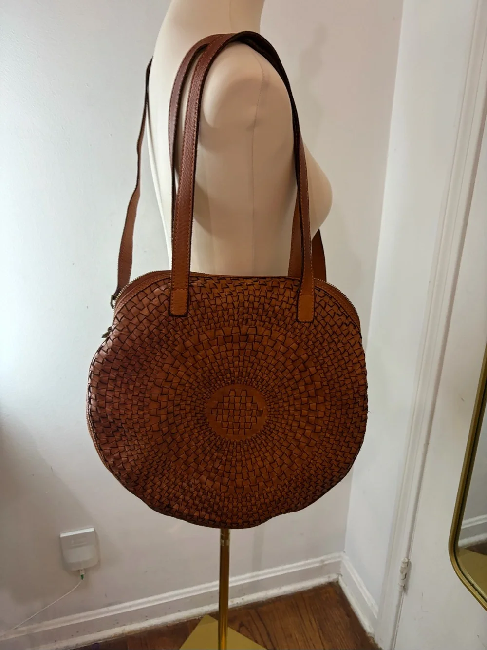 Sundance Woven Round Tote Leather with shoulder Handles Crossbody Cognac Brown